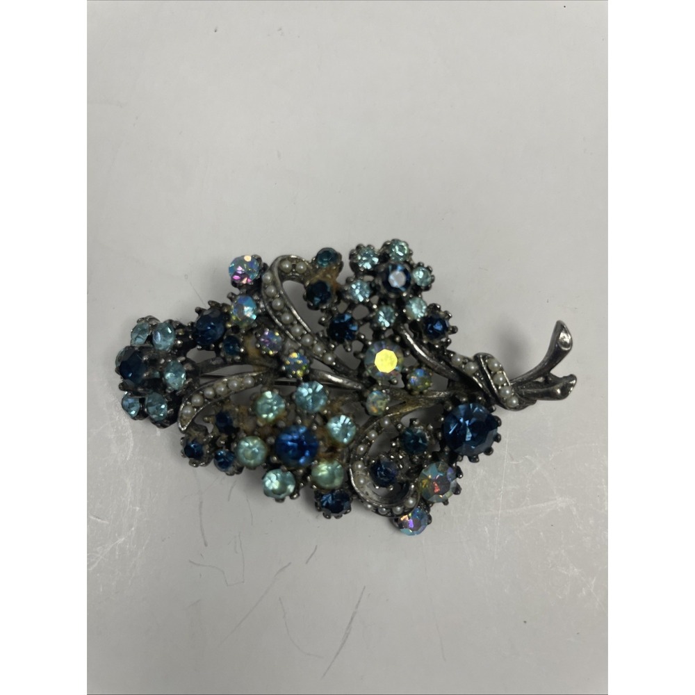 Vintage ART Green Blue Aurora Borealis Rhinestone Floral Spray Brooch Pin Signed
